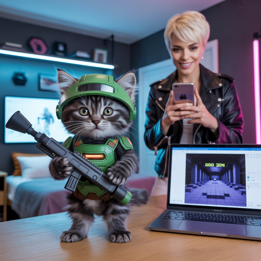 Kotek w kostiumie Doomguy przed laptopem z DOOM w pliku PDF