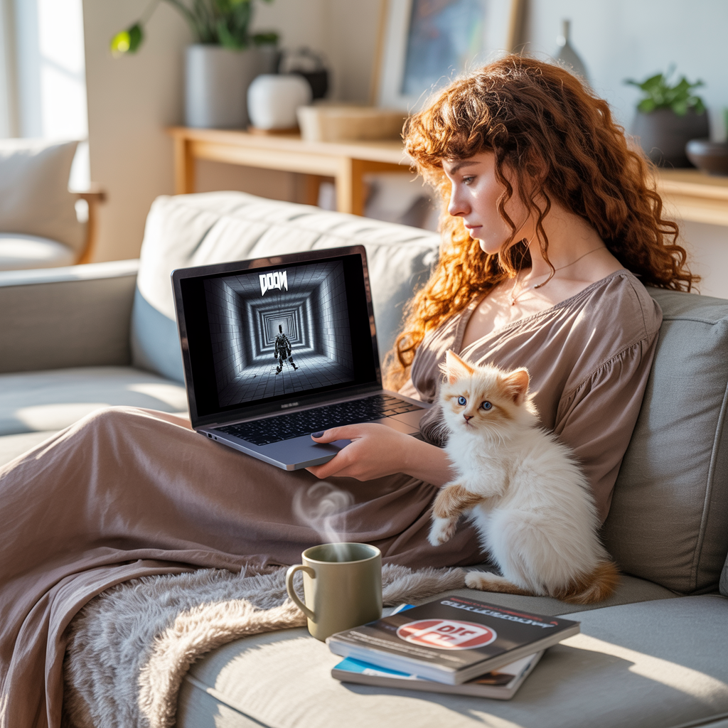 doompdf Uma mulher está relaxando com um laptop, jogando DOOM em um arquivo PDF, ao lado de um gatinho fofo