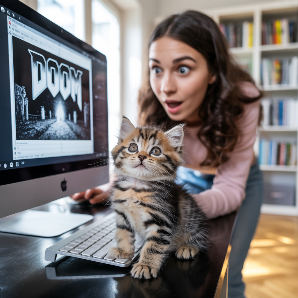 kitty-playing-doom Um gatinho fofo está jogando DOOM em um arquivo PDF no computador, observado por uma mulher surpresa.