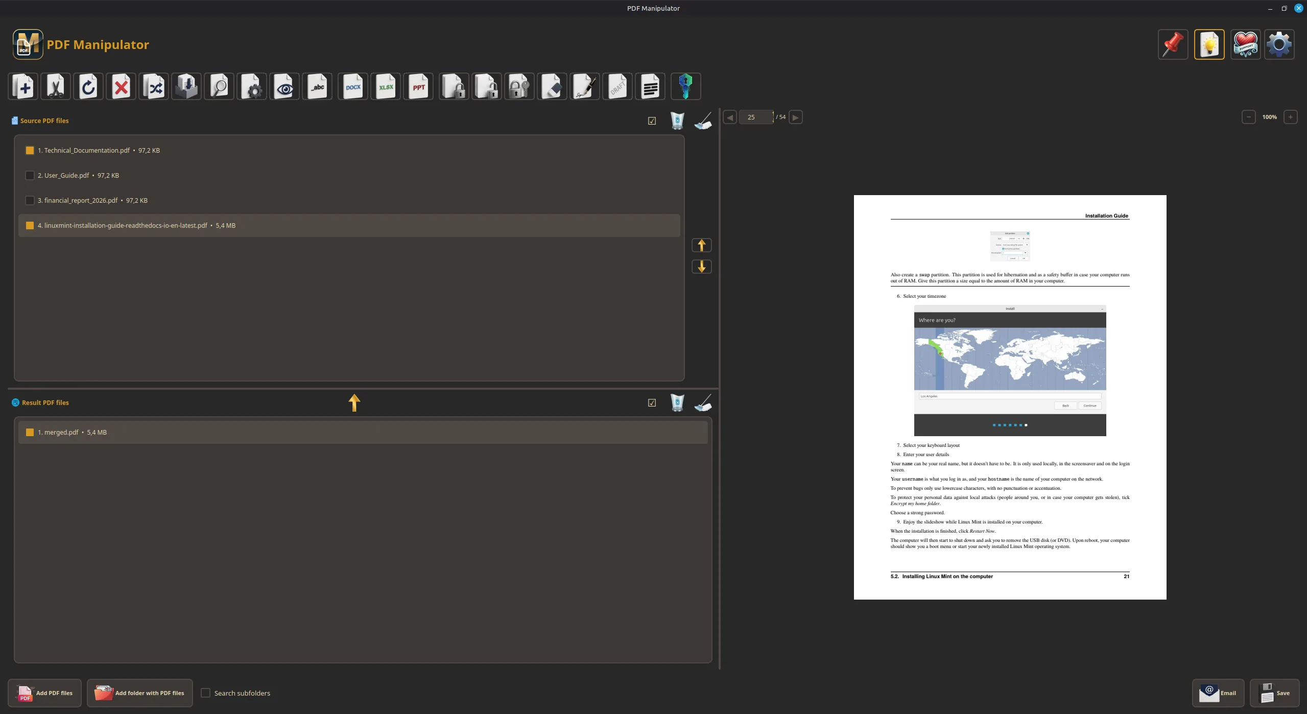 PDF Manipulator — Gruvbox theme, vertical layout with flat icon bar