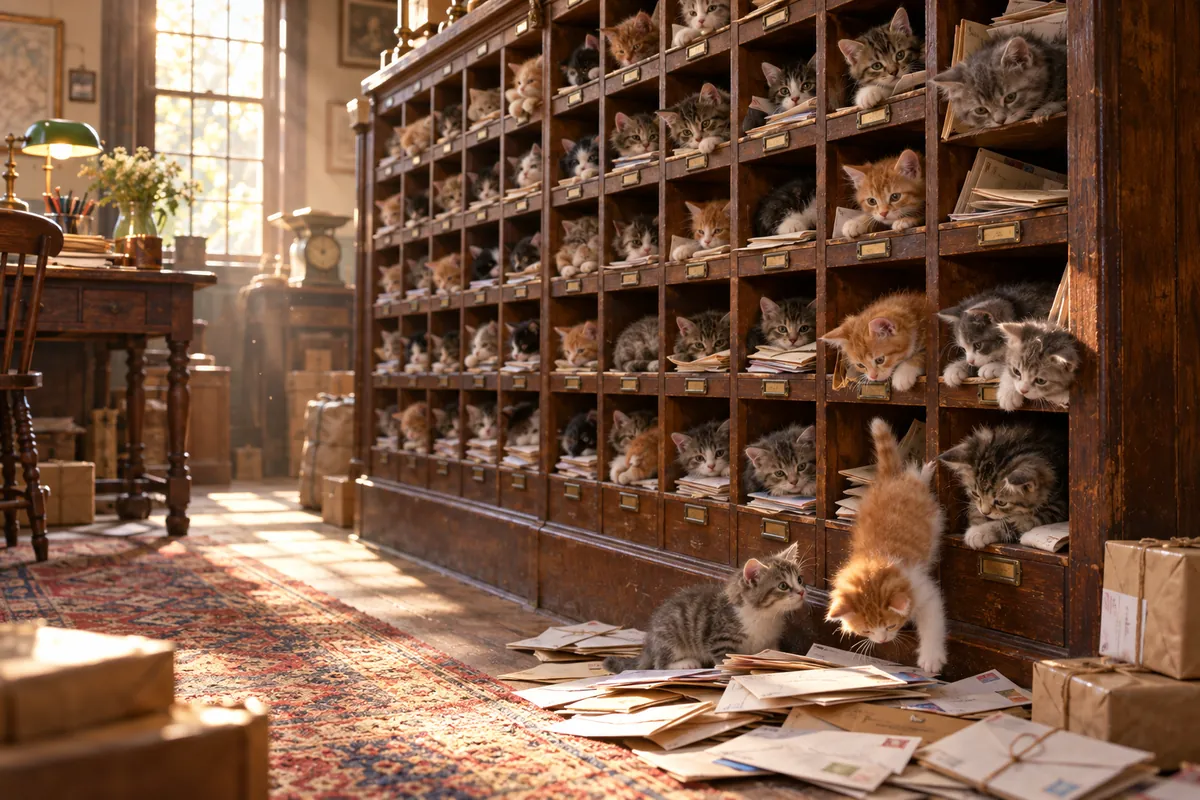 Wooden mail pigeonholes in an old post office, a kitten in every slot, with kittens spilling onto the floor at the end of the row