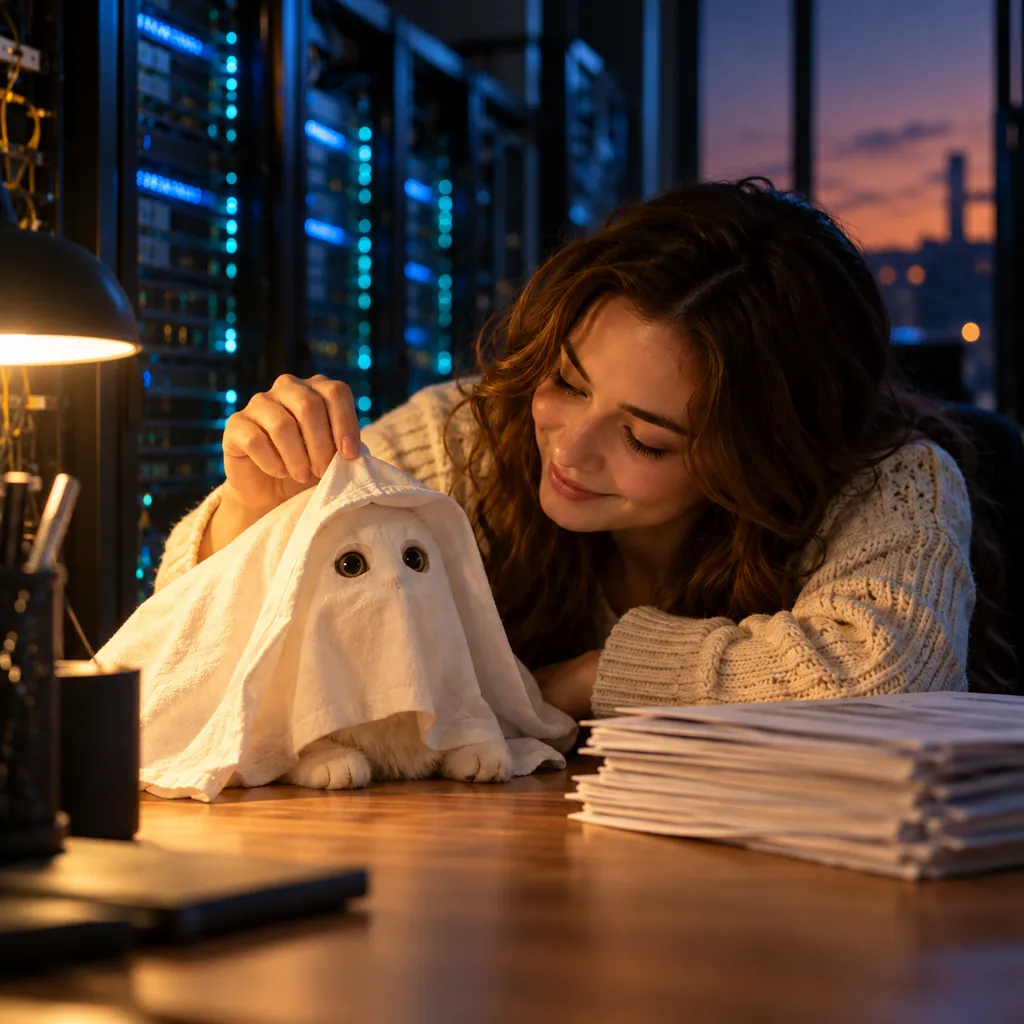 A kitten dressed as a little ghost under a white cloth on a desk in a server room, a woman lifting the corner of the cloth