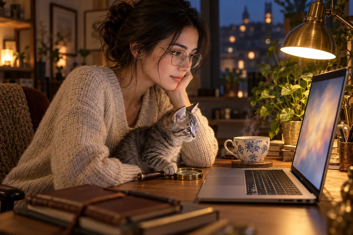 A woman in glasses at her laptop, a tabby kitten beside her staring at the screen, a magnifying glass on the desk