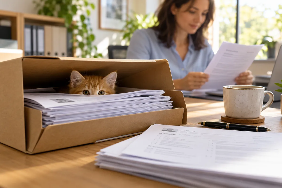 A ginger kitten hiding in a cardboard folder between printed résumés, a woman reading a document in the background