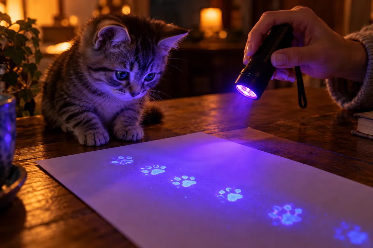 A UV flashlight reveals glowing kitten paw prints on a seemingly blank sheet of paper, with a tabby kitten watching beside it